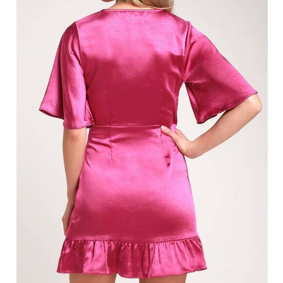 Lulu’s | NWT Magenta Ready for Romance Mini Satin Wrap Dress *RE-ATTACH BUTTONS* - Picture 2 of 12